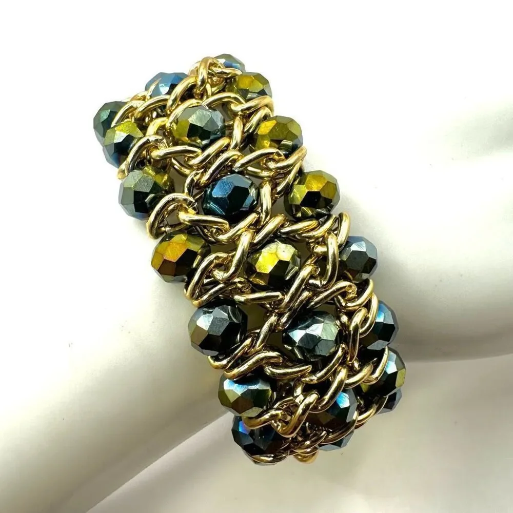 Gold tone and blue beaded stretchy bracelet